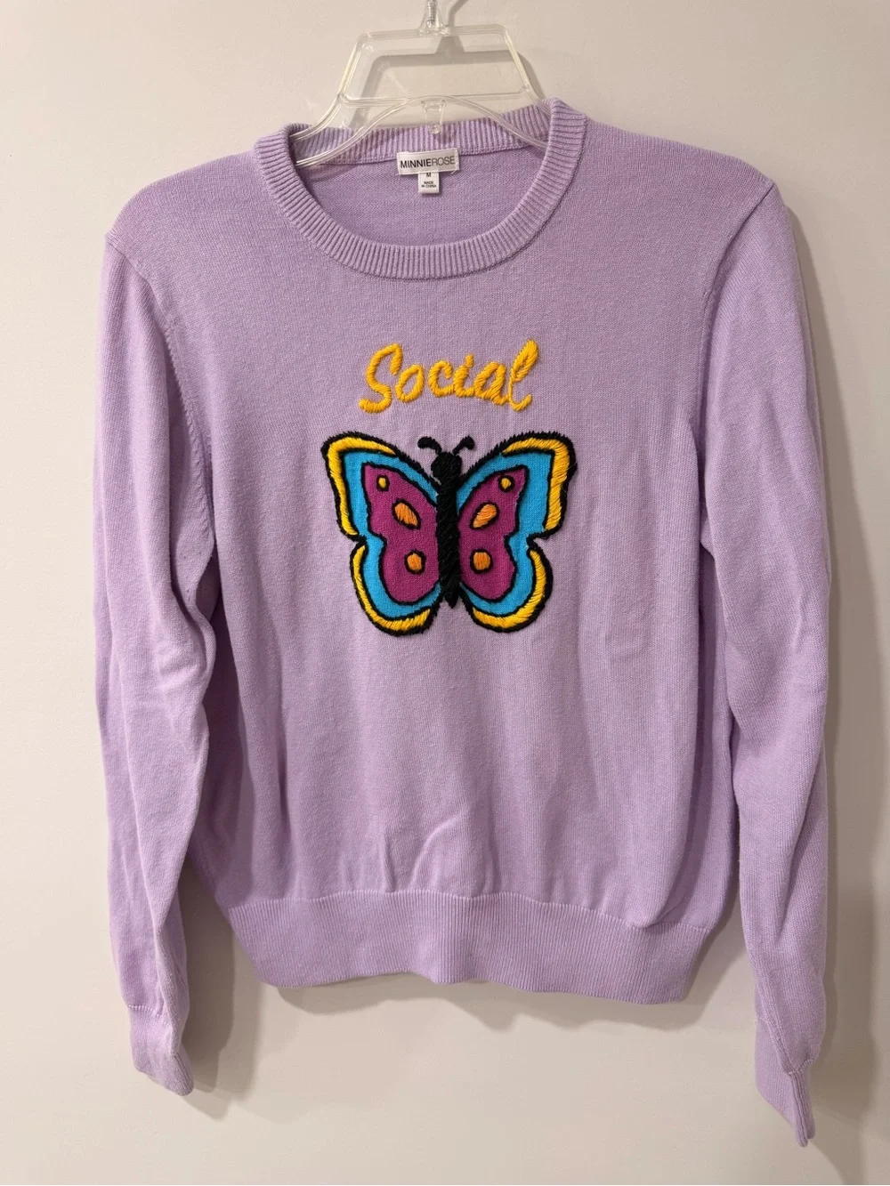 Minnie Rose Cotton Cashmere Embroidered Social Butterfly Sweater Size Medium - Picture 1 of 6